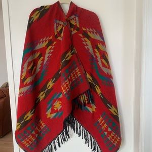 Southwest western pattern blanket poncho with buttons and hood